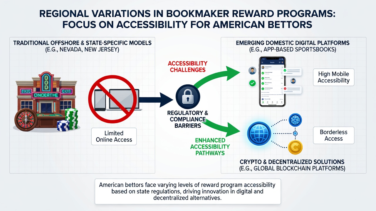 Illustration of American bettors accessing different regional reward programs through desktop and mobile interfaces