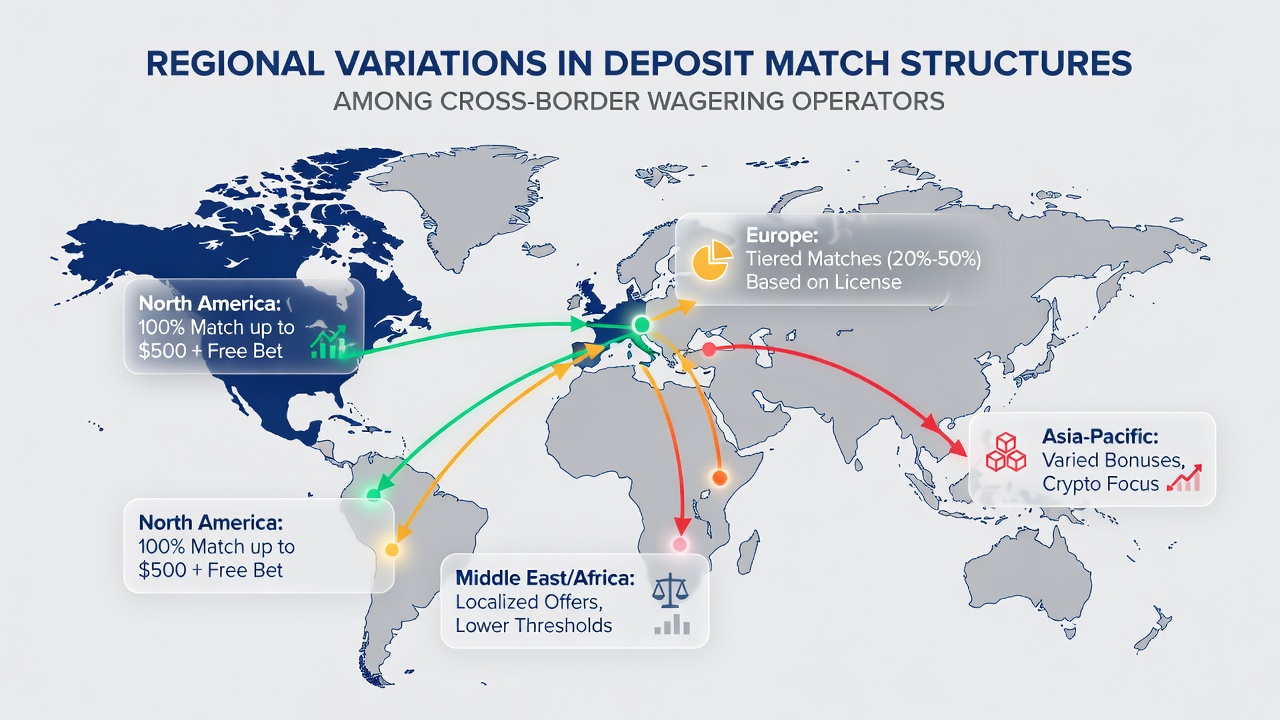 Chart comparing deposit match percentages and caps across North America, Europe, Asia, and Australia for cross-border operators